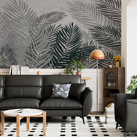 Monochrome Tropical Palm Leaf Wall Mural Dark Fresco Wallpaper