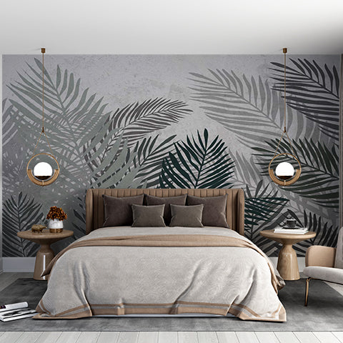 Monochrome Tropical Palm Leaf Wall Mural Dark Fresco Wallpaper