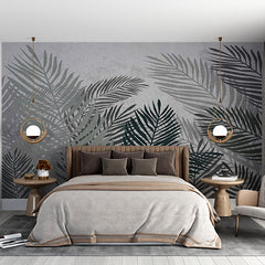 Custom Monochrome Tropical Palm Leaf Wall Mural Dark Fresco Wallpaper