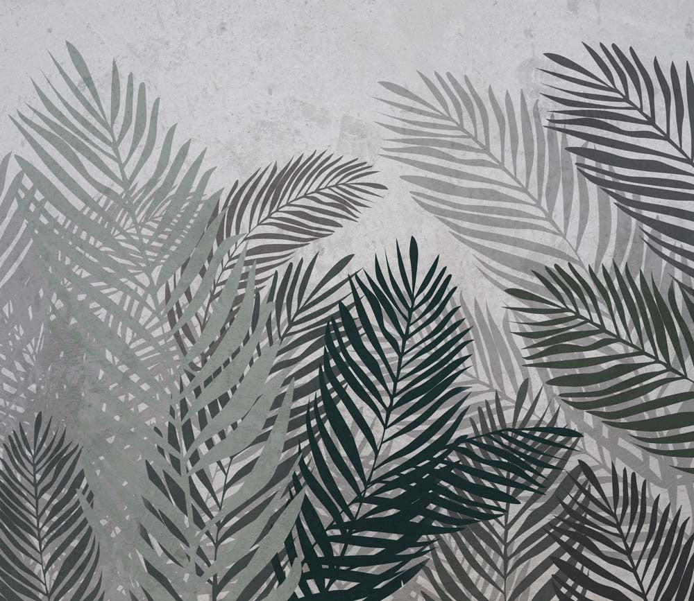Papier peint palmes monochromes – Papier peint panoramique fresque tropicale gris foncé