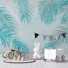 Custom Light Blue Background Wallpaper Mural with Watercolor Palm Leaves