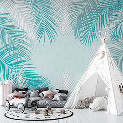 Custom Light Blue Background Wallpaper Mural with Watercolor Palm Leaves