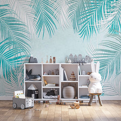 Custom Light Blue Background Wallpaper Mural with Watercolor Palm Leaves