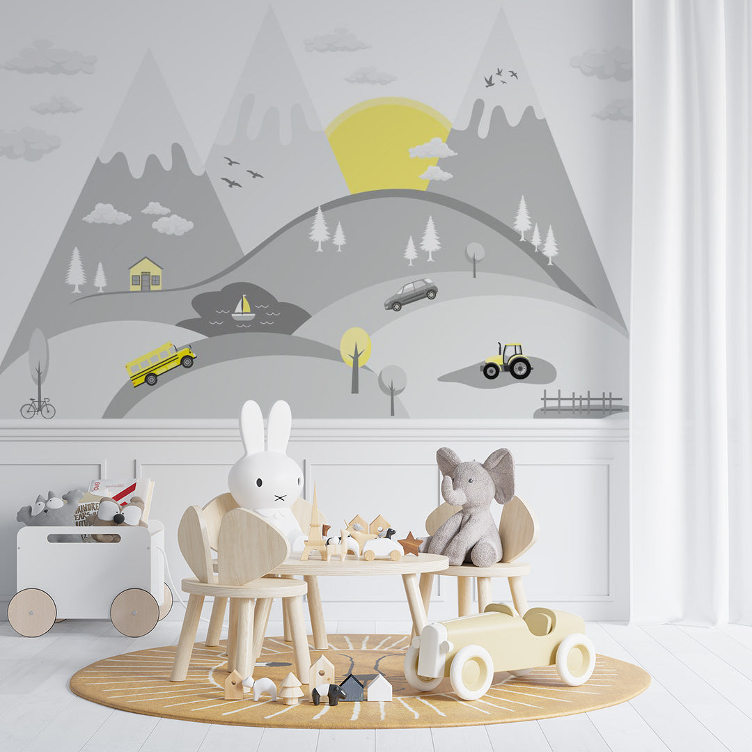 Kids Wall Murals Mountains Cars Geometric Simple Design Nursery Wallpaper for Kids