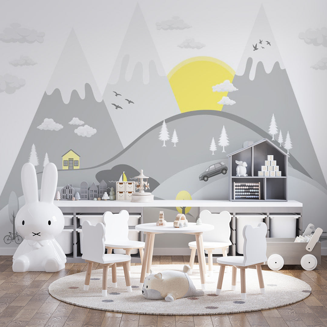 Kids Wall Murals Mountains Cars Geometric Simple Design Nursery Wallpaper for Kids