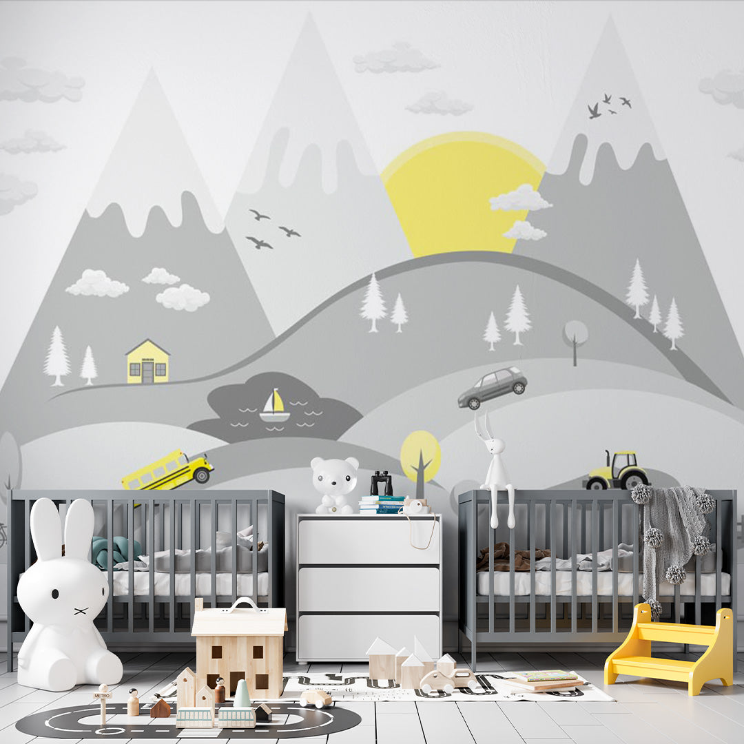 Kids Wall Murals Mountains Cars Geometric Simple Design Nursery Wallpaper for Kids