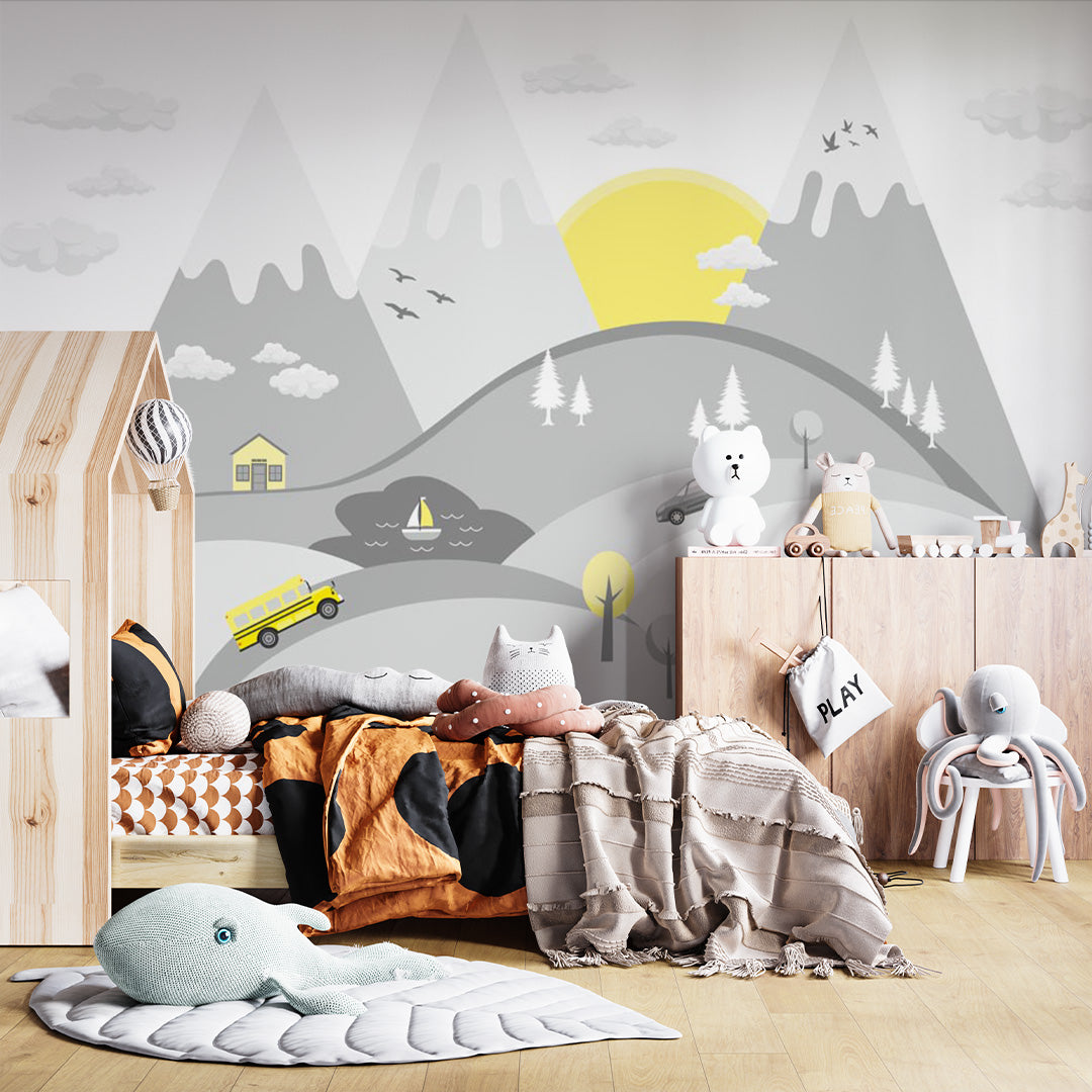 Kids Wall Murals Mountains Cars Geometric Simple Design Nursery Wallpaper for Kids