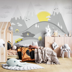 Custom  Kids Wall Murals Mountains Cars Geometric Simple Design Nursery Wallpaper for Kids