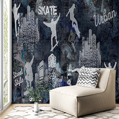 Urban Skateboarding Wall Mural Wallpaper - Street Style Silhouettes with Cityscape