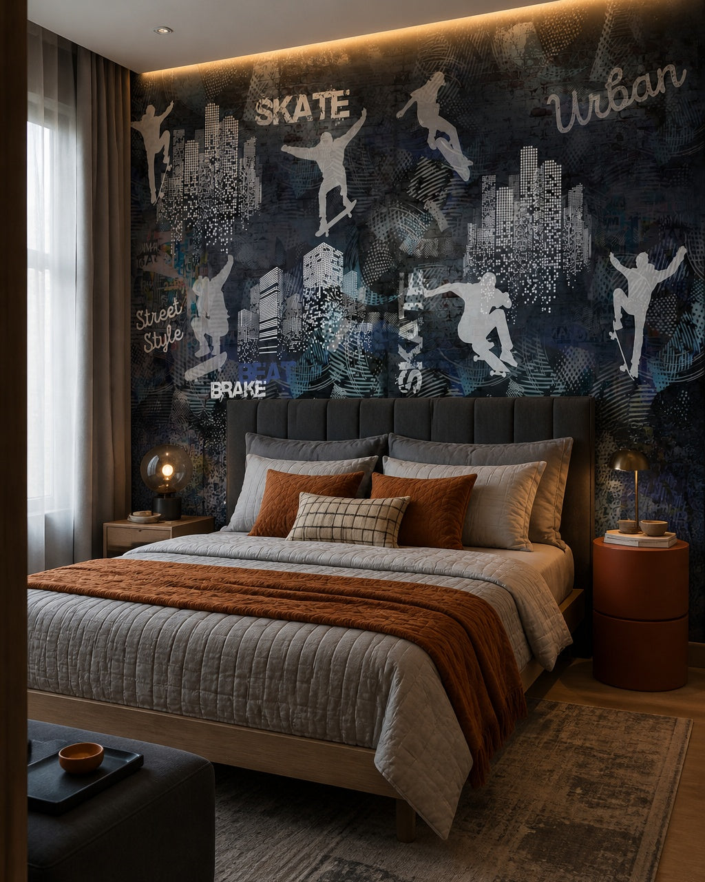 Skateboarding wallpaper in a designer bedroom.