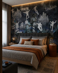 Skateboarding wallpaper in a designer bedroom.