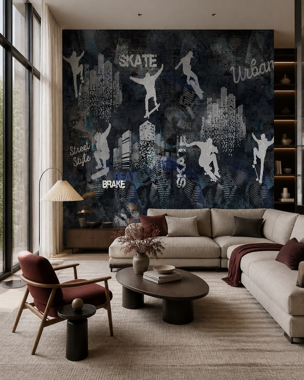 Skateboarding wallpaper in a designer living room.