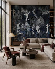 Skateboarding wallpaper in a designer living room.