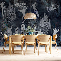 Custom Urban Skateboarding Wall Mural Wallpaper - Street Style Silhouettes with Cityscape