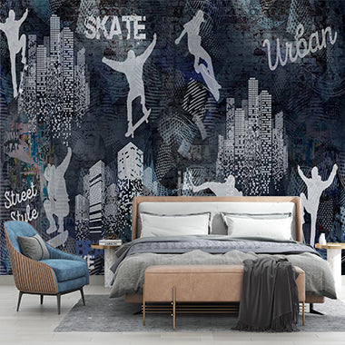 Urban Skateboarding Wall Mural Wallpaper - Street Style Silhouettes with Cityscape