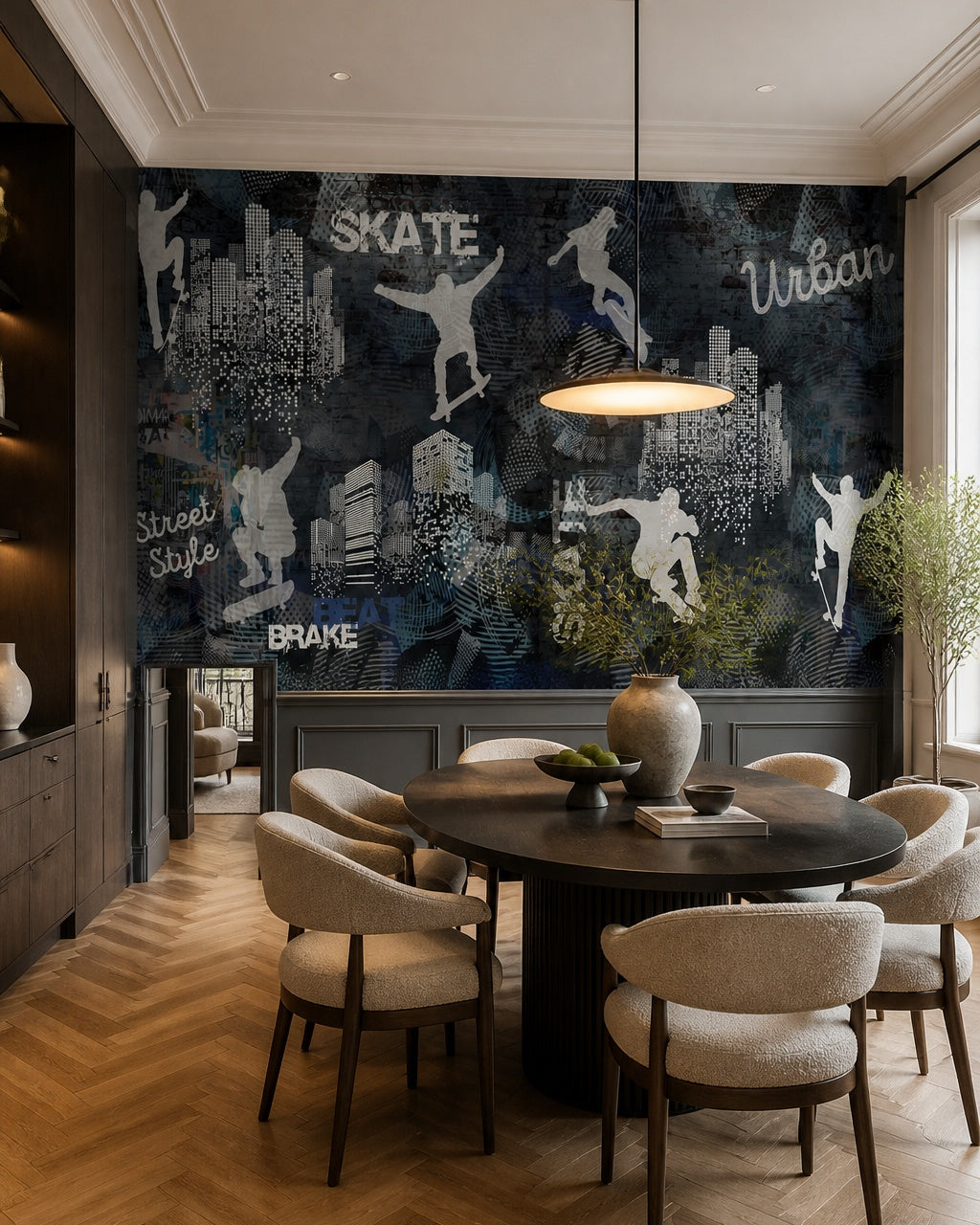 Skateboarding wallpaper in a refined dining area.