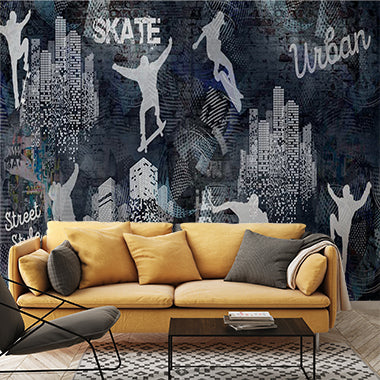 Urban Skateboarding Wall Mural Wallpaper - Street Style Silhouettes with Cityscape