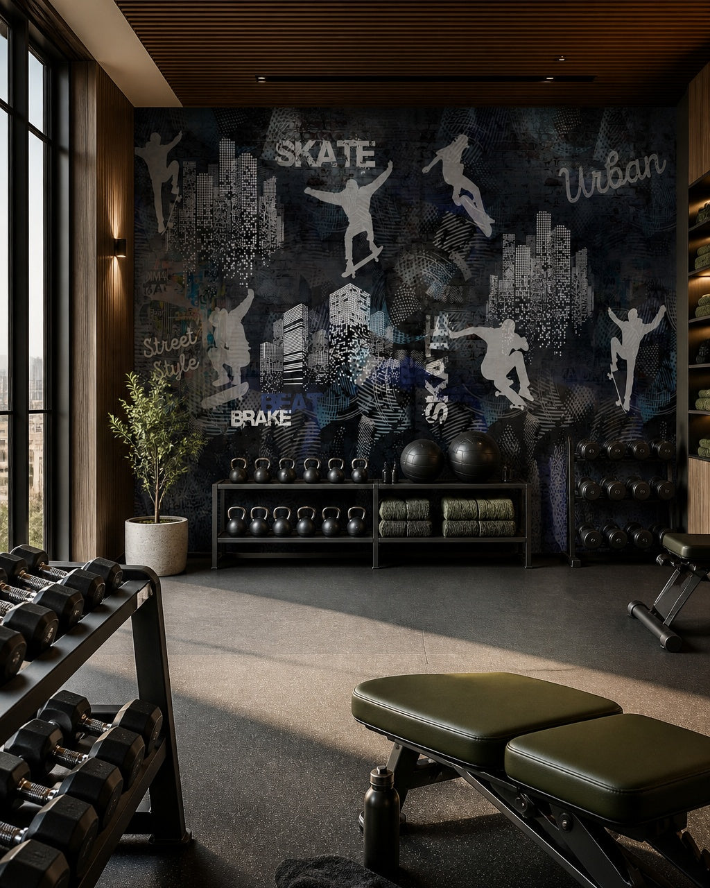 Skateboarding wallpaper in a fitness studio.