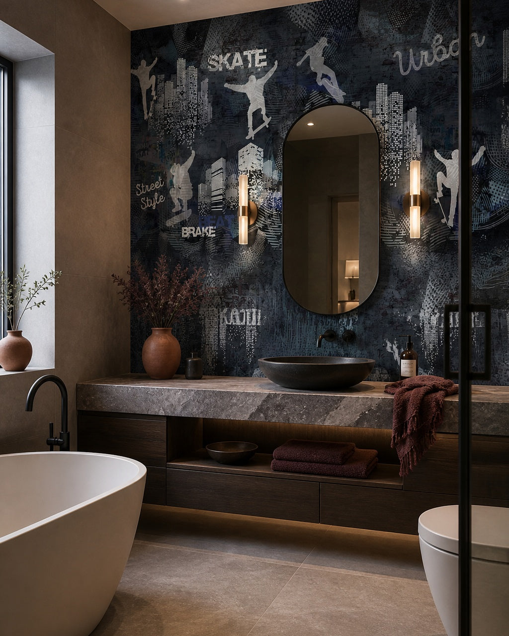 Skateboarding wallpaper in a luxury bathroom.