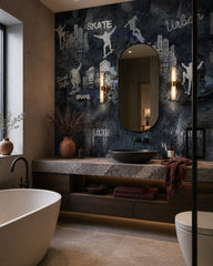 Skateboarding wallpaper in a luxury bathroom.