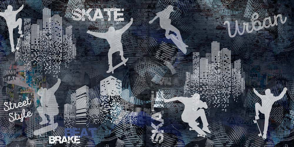 Urban Skateboarding Wall Mural Wallpaper - Street Style Silhouettes with Cityscape