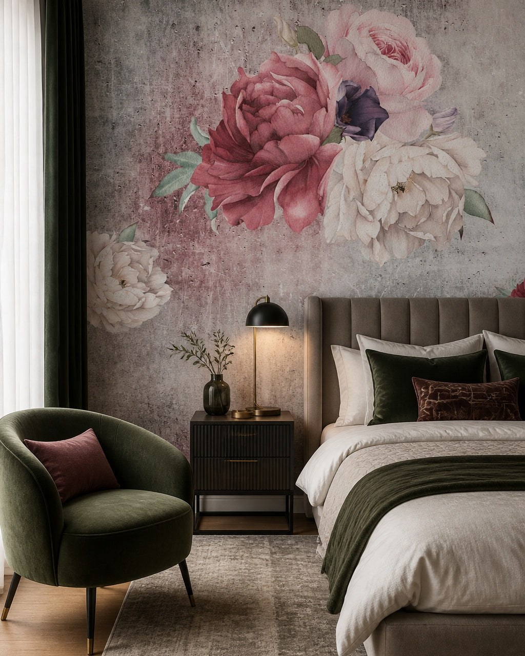 Peonies on concrete wallpaper in a designer bedroom.