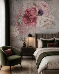 Peonies on concrete wallpaper in a designer bedroom.