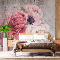 Custom Rustic Floral Wall Mural with Red, Pink, and White Peonies on Weathered Concrete Background