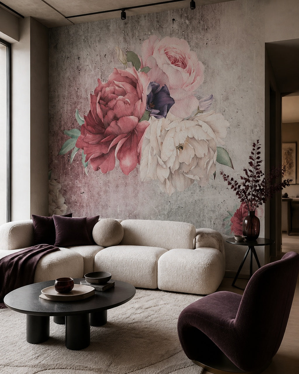 Peonies on concrete wallpaper in a designer living room.