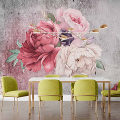 Custom Rustic Floral Wall Mural with Red, Pink, and White Peonies on Weathered Concrete Background