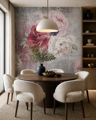 Peonies on concrete wallpaper in a refined dining area.