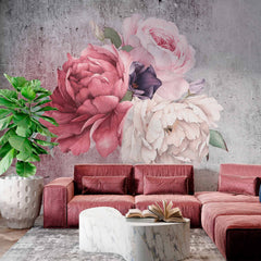 Custom Rustic Floral Wall Mural with Red, Pink, and White Peonies on Weathered Concrete Background