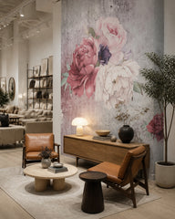 Peonies on concrete wallpaper in a design showroom.