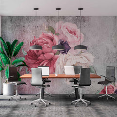 Custom Rustic Floral Wall Mural with Red, Pink, and White Peonies on Weathered Concrete Background