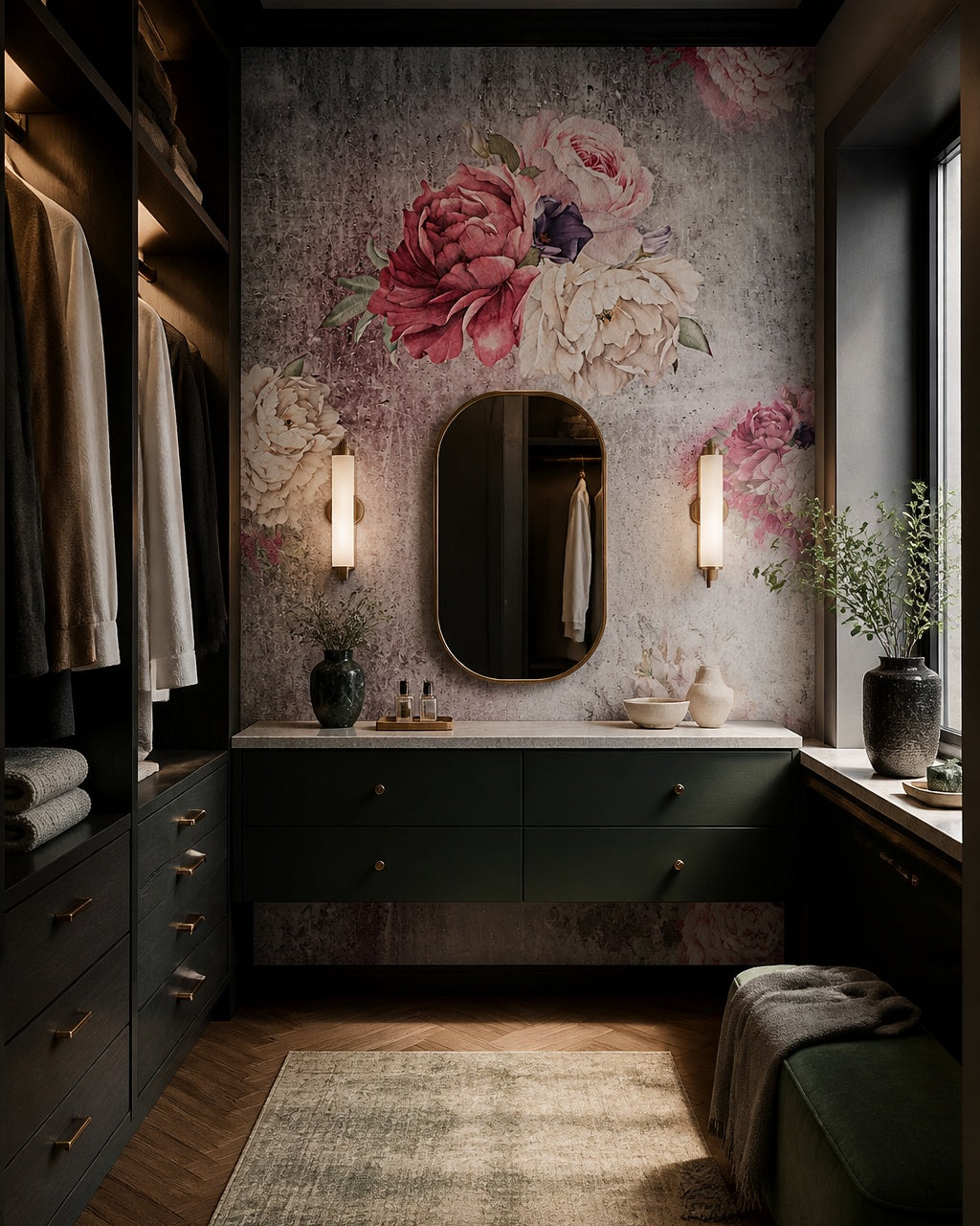 Peonies on concrete wallpaper in a dressing room.