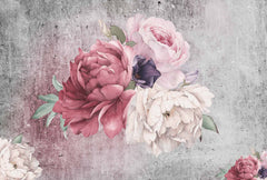 Custom Rustic Floral Wall Mural with Red, Pink, and White Peonies on Weathered Concrete Background