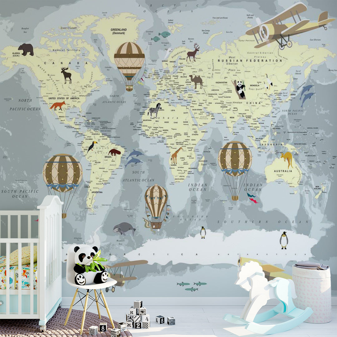 Kids World Map with Balloons Wall Mural Political Map Educational Wallpaper for Kids