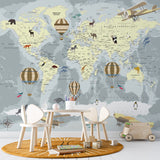 Kids World Map with Balloons Wall Mural Political Map Educational Wallpaper for Kids