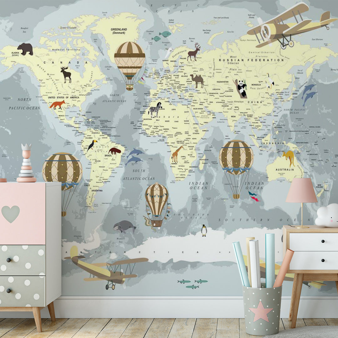 Kids World Map with Balloons Wall Mural Political Map Educational Wallpaper for Kids