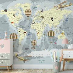 Custom Kids World Map with Balloons Wall Mural Political Map Educational Wallpaper for Kids