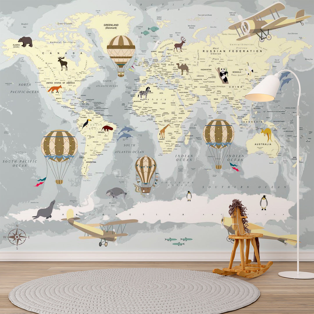 Kids World Map with Balloons Wall Mural Political Map Educational Wallpaper for Kids