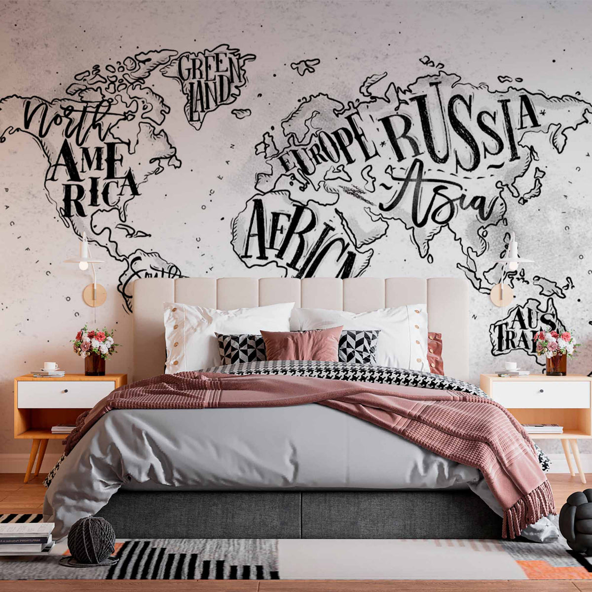 Custom Hand-Drawn Typography World Map Wall Mural Wallpaper in Black and White