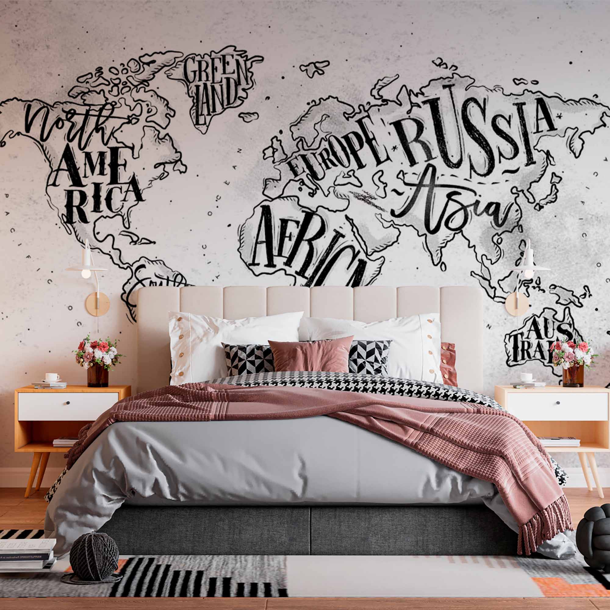 Hand-Drawn Typography World Map Wall Mural Wallpaper in Black and White