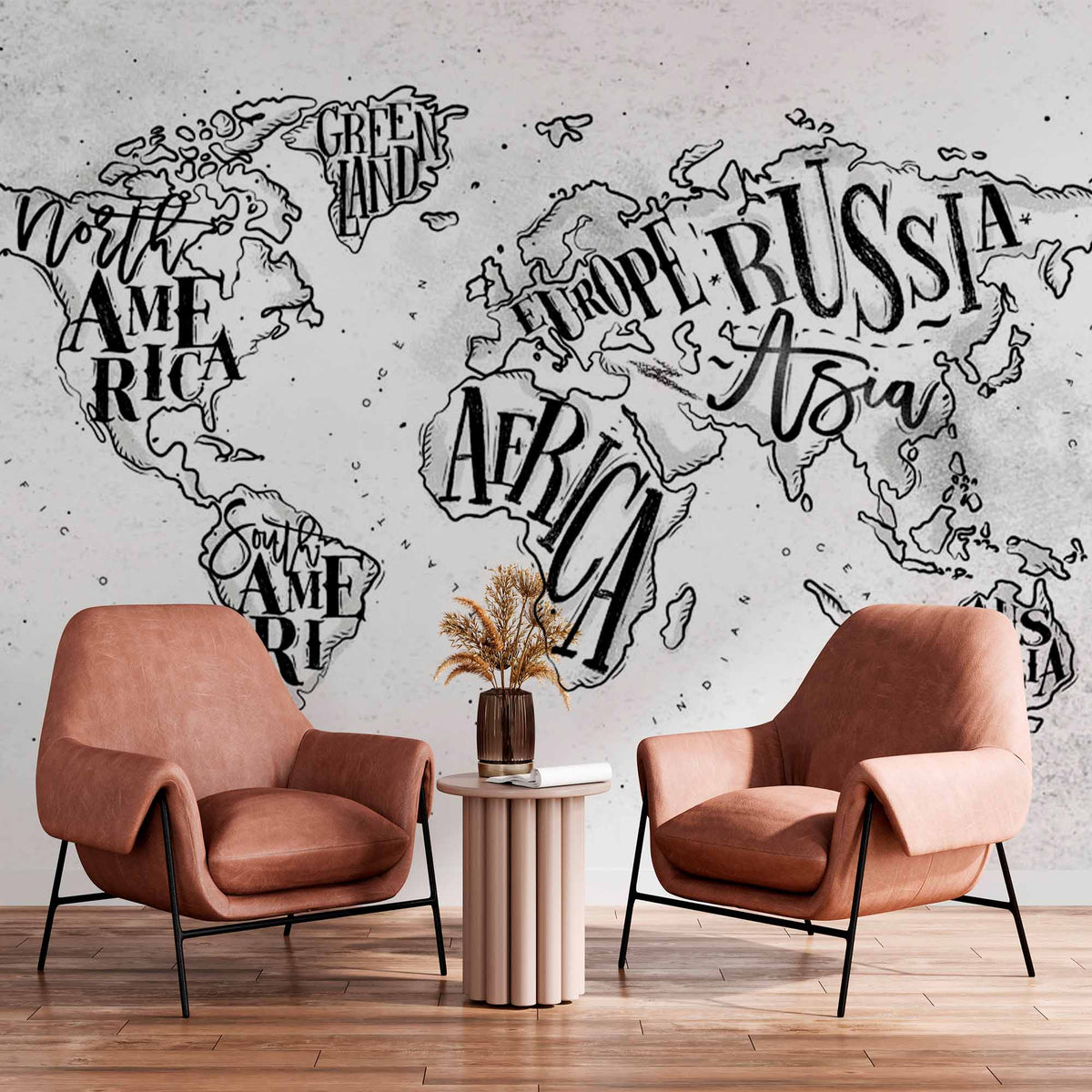 Hand-Drawn Typography World Map Wall Mural Wallpaper in Black and White