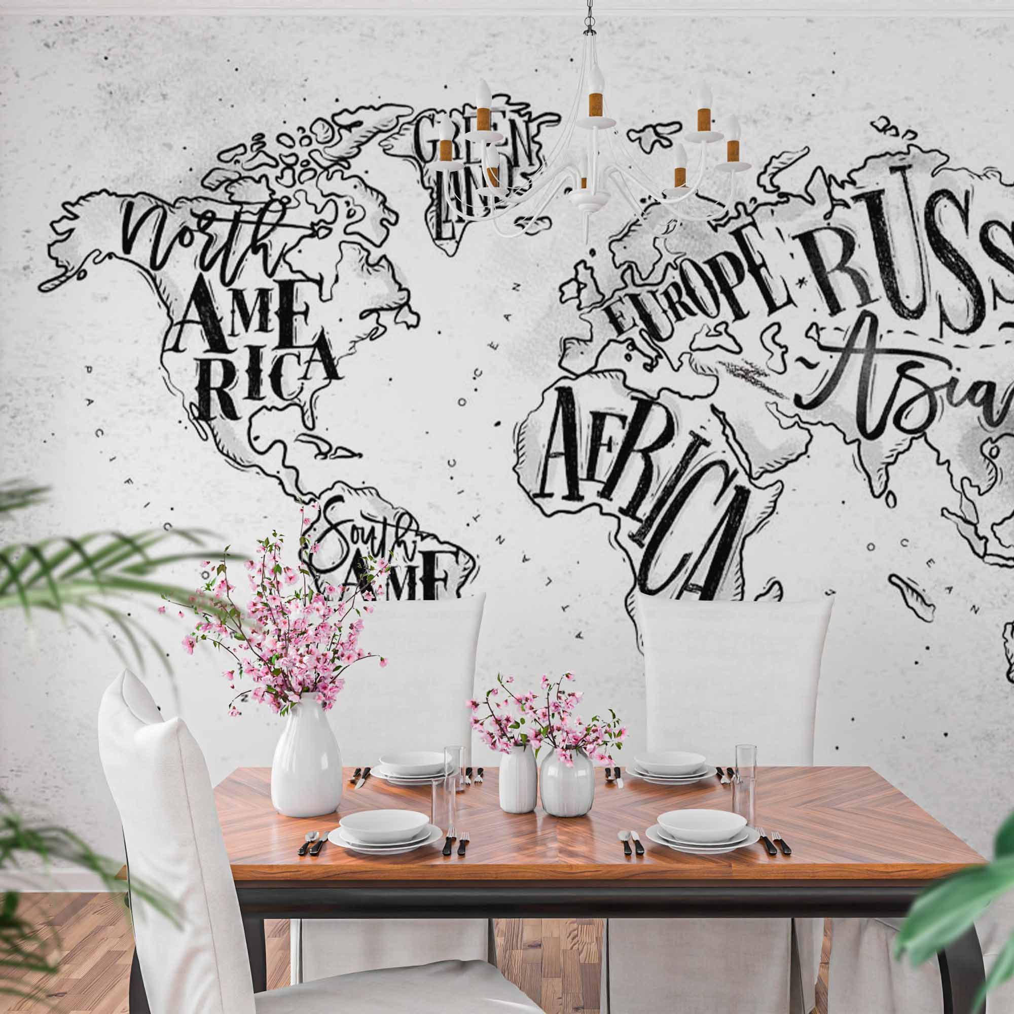 Hand-Drawn Typography World Map Wall Mural Wallpaper in Black and White