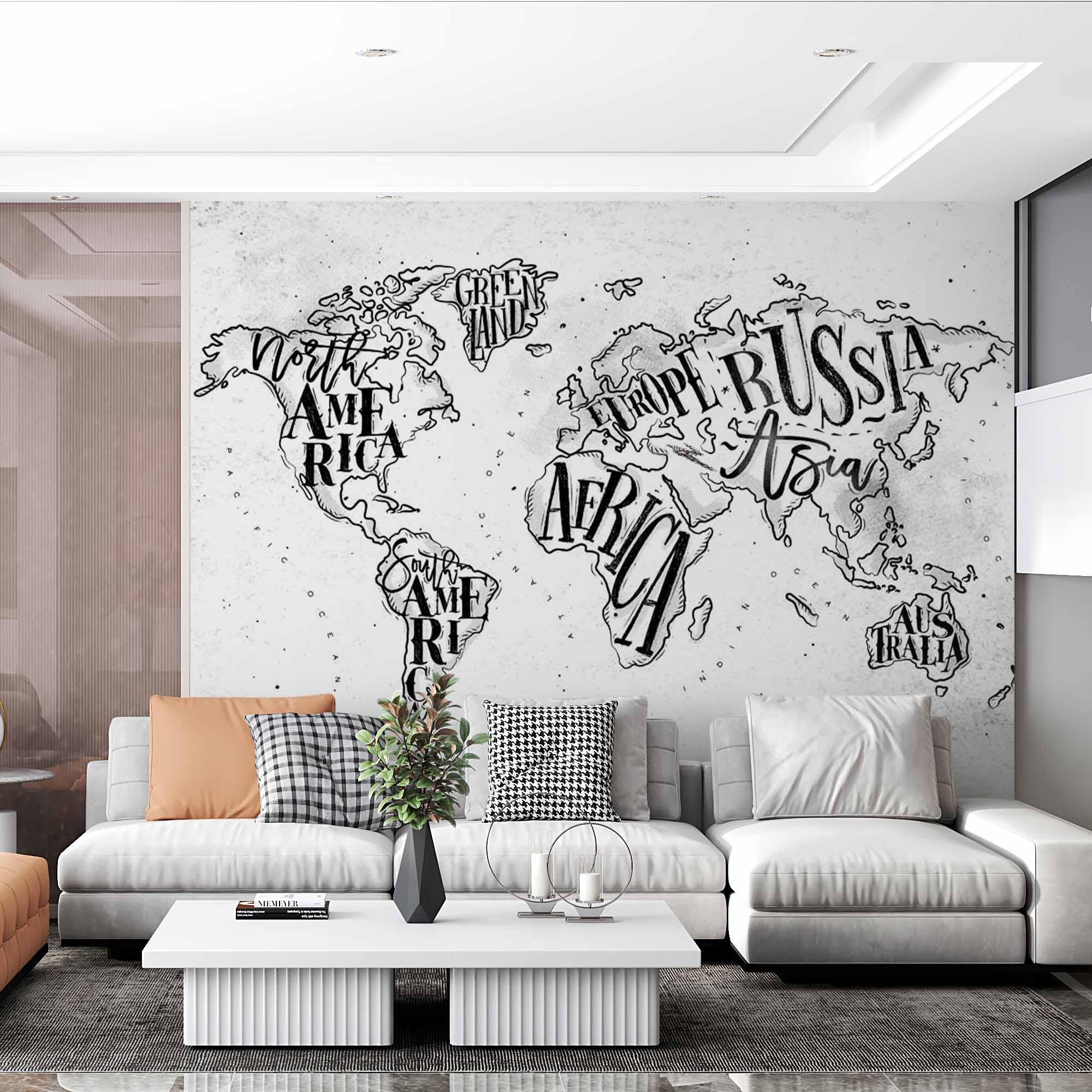 Hand-Drawn Typography World Map Wall Mural Wallpaper in Black and White