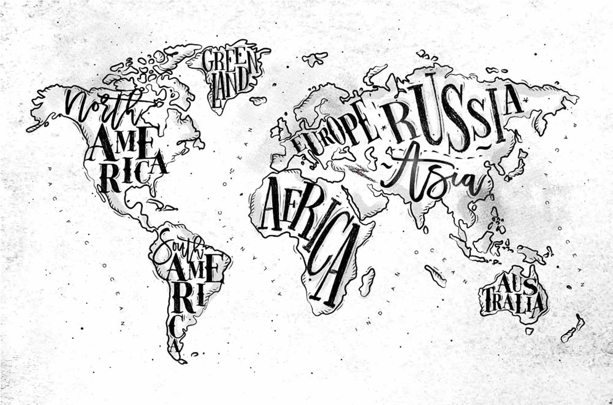 Hand-Drawn Typography World Map Wall Mural Wallpaper in Black and White