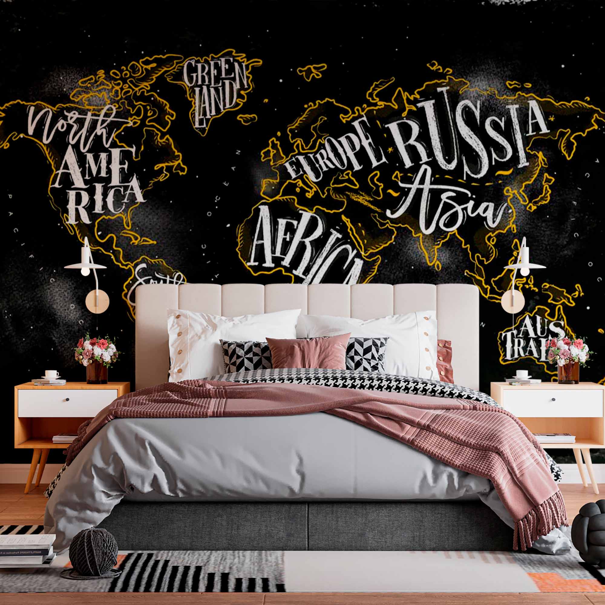 Bold Chalkboard-Style World Map Wall Mural Wallpaper with Hand-Lettered Typography