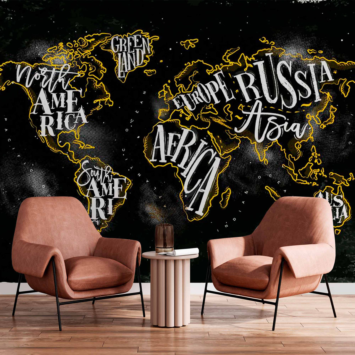 Custom Bold Chalkboard-Style World Map Wall Mural Wallpaper with Hand-Lettered Typography