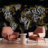 Bold Chalkboard-Style World Map Wall Mural Wallpaper with Hand-Lettered Typography